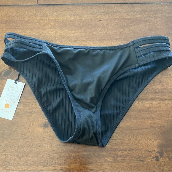 Ribbed Strappy Side Cheeky Black Bikini Bottom - Picture 6 of 7